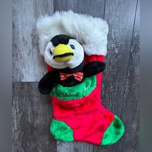 Vintage Plush Penguin ‘Ho!Ho!Ho!’ Christmas Stocking with Red and Green Accents
